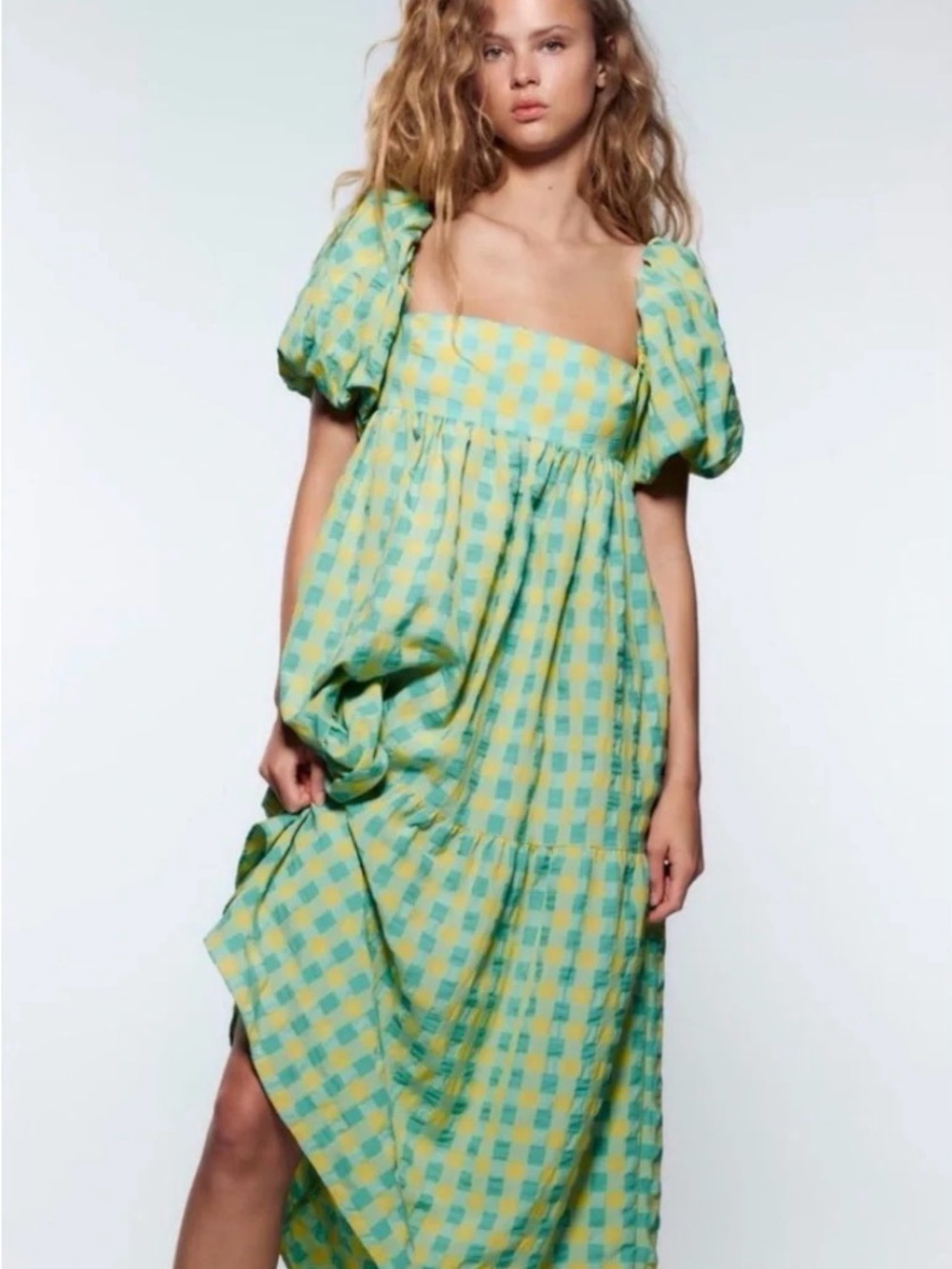 Zara Yellow & Teal Gingham Puff-Sleeve Maxi Dress - Picture 2 of 11